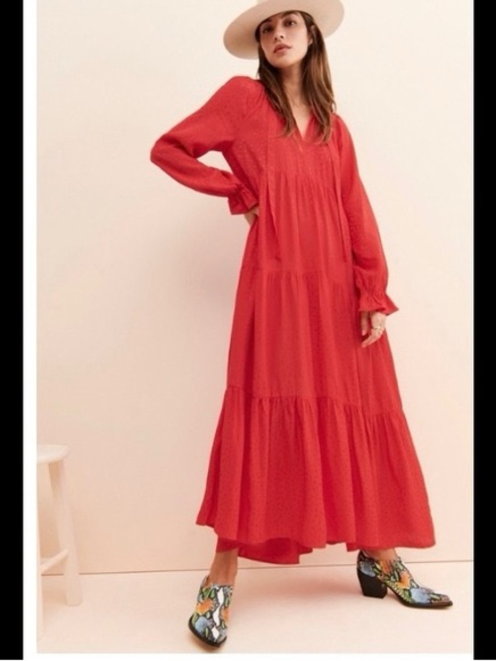 MAEVE By ANTHROPOLOGIE red Wendy tiered long sleeves boho maxi dress sz small